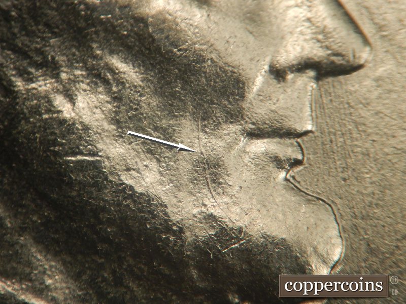 Die-stage B marker on 1943P•1DR•008 (1943 Doubled Die Reverse).