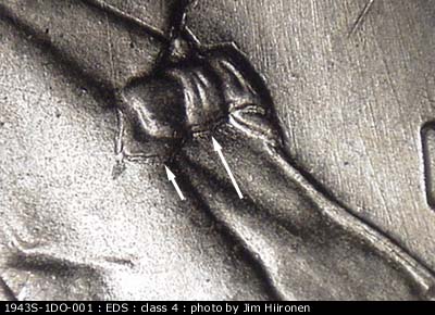Die-stage A marker on 1943S•1DO•001 (1943 Doubled Die Obverse).