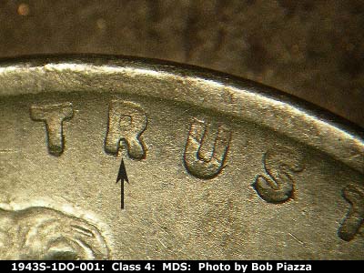Die-stage B marker on 1943S•1DO•001 (1943 Doubled Die Obverse).
