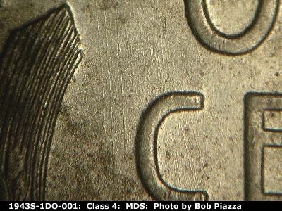 Die-stage B marker on 1943S•1DO•001 (1943 Doubled Die Obverse).