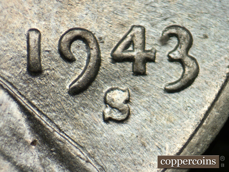 1943 Lincoln cent obverse, CopperCoins die 1943S•1DO•003.