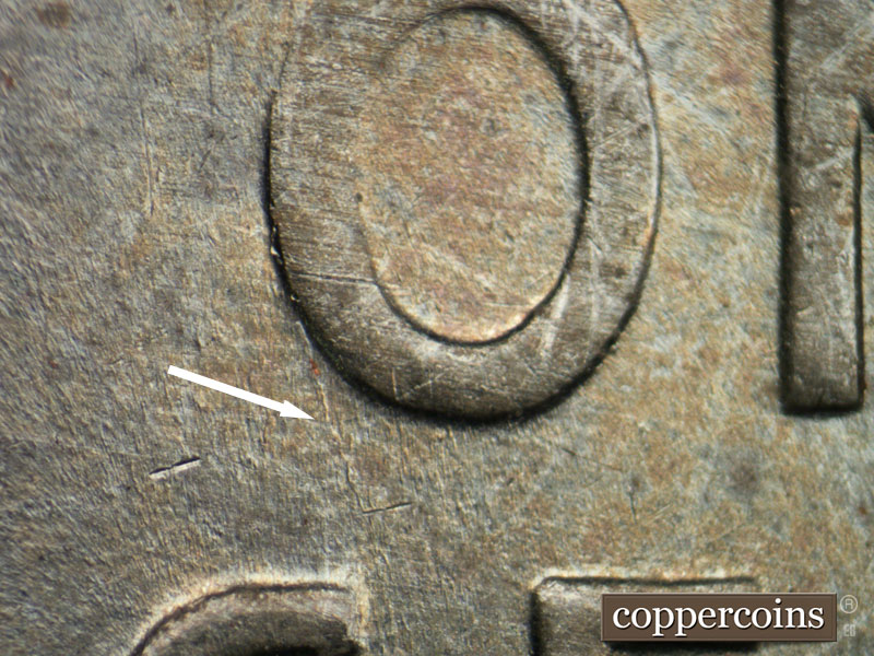 Die-stage B marker on 1943S•1DO•003 (1943 Doubled Die Obverse).