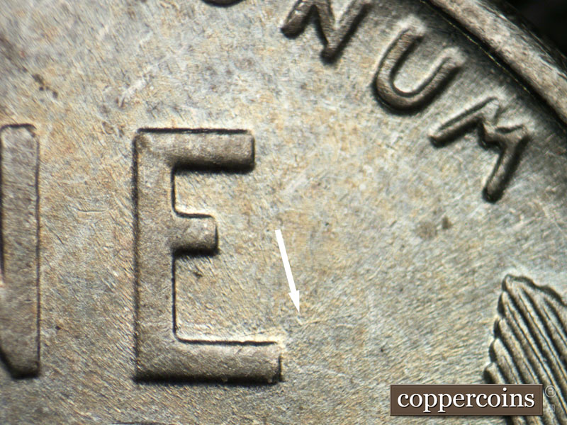 Die-stage B marker on 1943S•1DO•003 (1943 Doubled Die Obverse).