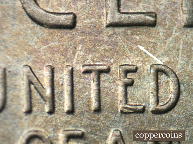 Die-stage B marker on 1943S•1DO•003 (1943 Doubled Die Obverse).