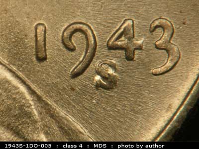 Die-stage B marker on 1943S•1DO•005 (1943 Doubled Die Obverse).
