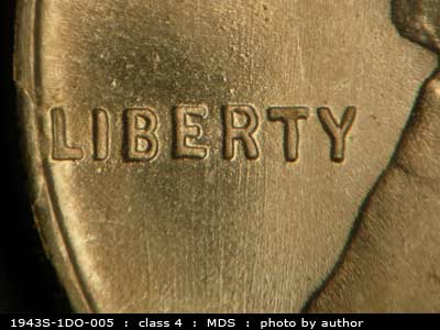 Die-stage B marker on 1943S•1DO•005 (1943 Doubled Die Obverse).