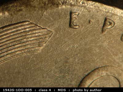 Die-stage B marker on 1943S•1DO•005 (1943 Doubled Die Obverse).