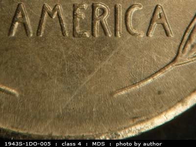 Die-stage B marker on 1943S•1DO•005 (1943 Doubled Die Obverse).