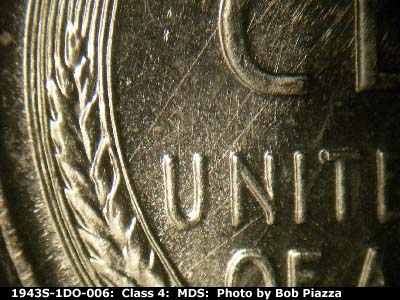 Die-stage B marker on 1943S•1DO•006 (1943 Doubled Die Obverse).