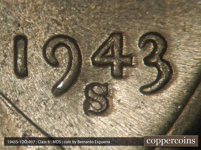 1943 Lincoln cent obverse, CopperCoins die 1943S•1DO•007.