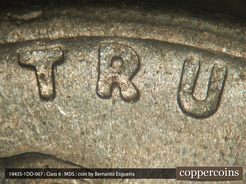 Die-stage B marker on 1943S•1DO•007 (1943 Doubled Die Obverse).