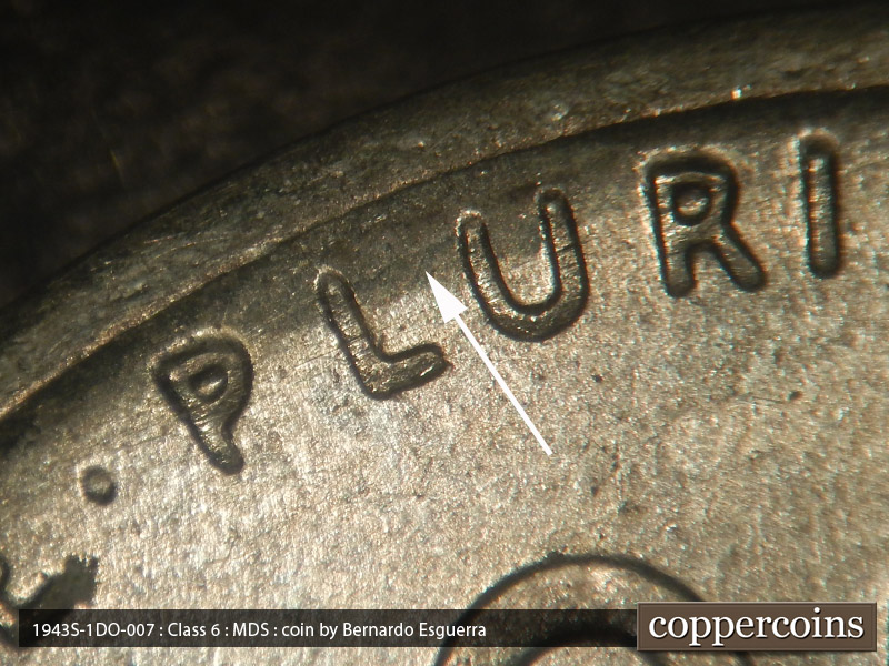 Die-stage B marker on 1943S•1DO•007 (1943 Doubled Die Obverse).
