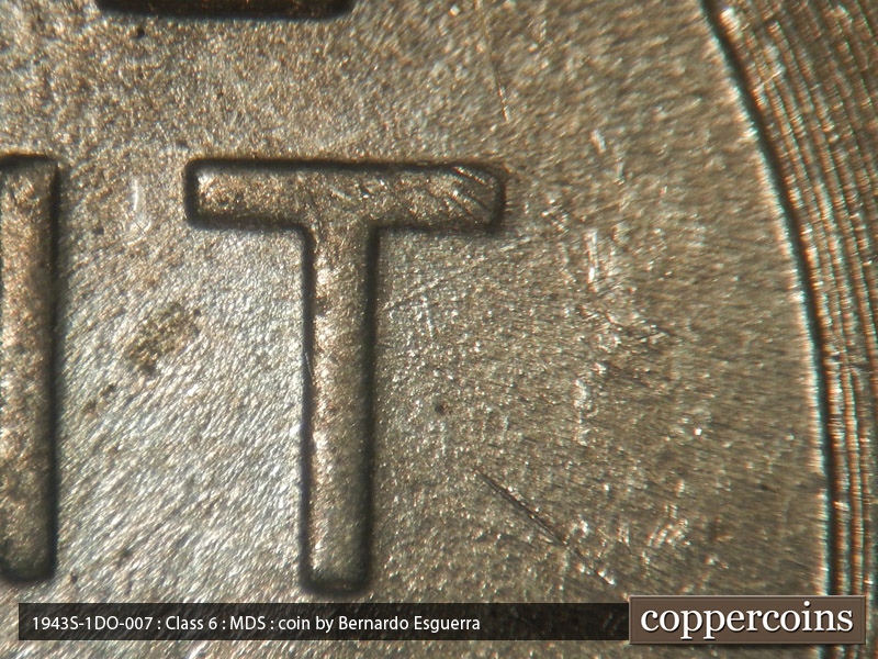 Die-stage B marker on 1943S•1DO•007 (1943 Doubled Die Obverse).