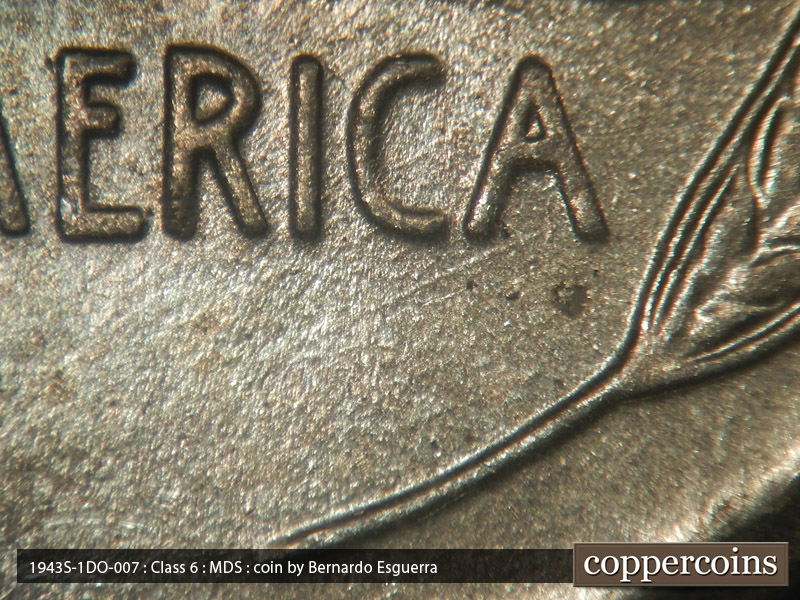 Die-stage B marker on 1943S•1DO•007 (1943 Doubled Die Obverse).