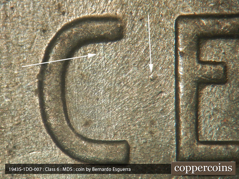 Die-stage B marker on 1943S•1DO•007 (1943 Doubled Die Obverse).