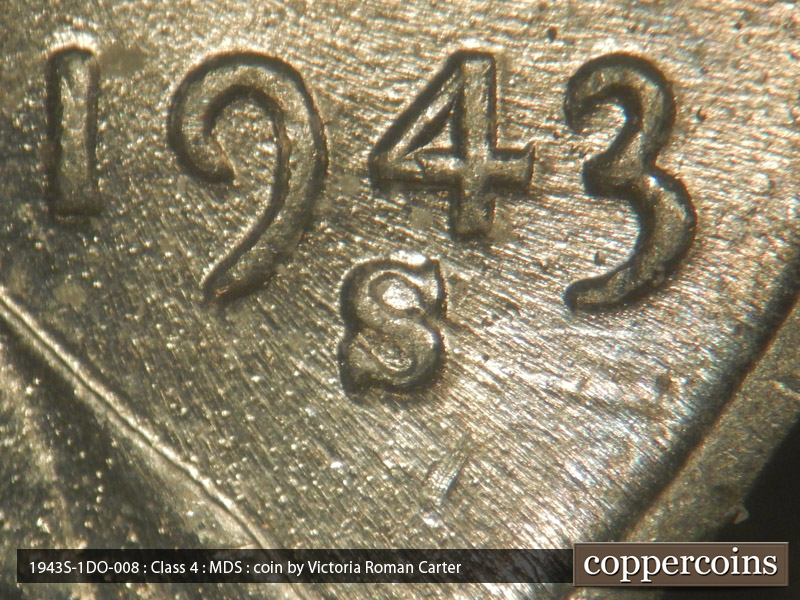 Die-stage B marker on 1943S•1DO•008 (1943 Doubled Die Obverse).