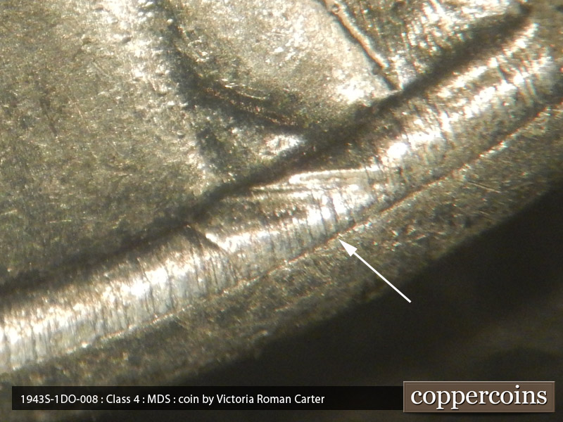 Die-stage B marker on 1943S•1DO•008 (1943 Doubled Die Obverse).