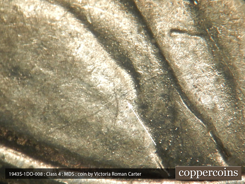 Die-stage B marker on 1943S•1DO•008 (1943 Doubled Die Obverse).