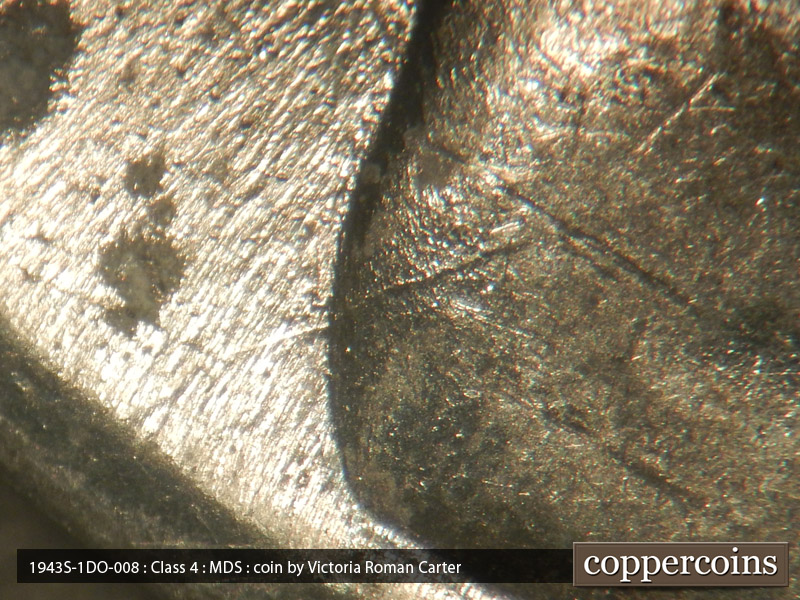 Die-stage B marker on 1943S•1DO•008 (1943 Doubled Die Obverse).