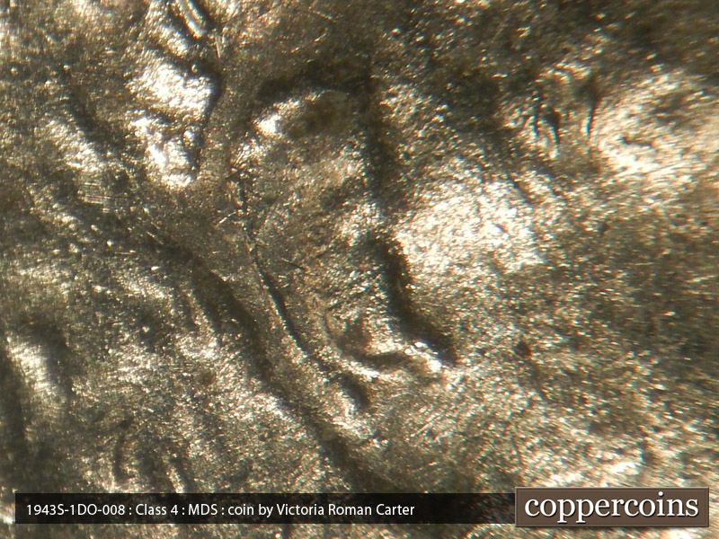 Die-stage B marker on 1943S•1DO•008 (1943 Doubled Die Obverse).