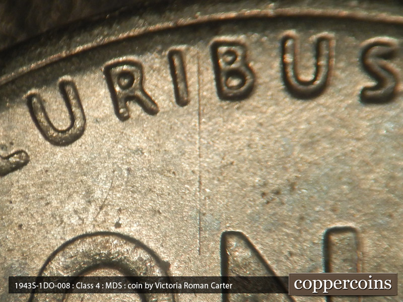 Die-stage B marker on 1943S•1DO•008 (1943 Doubled Die Obverse).
