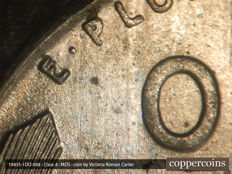 Die-stage B marker on 1943S•1DO•008 (1943 Doubled Die Obverse).