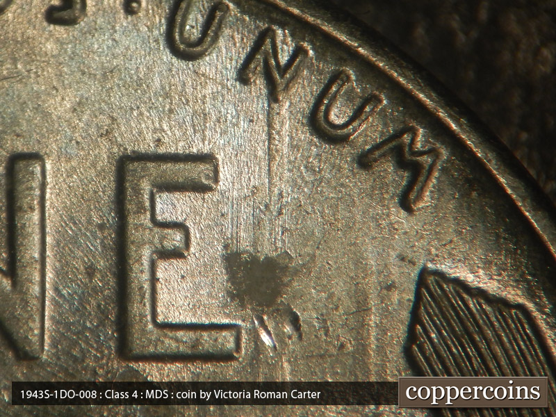 Die-stage B marker on 1943S•1DO•008 (1943 Doubled Die Obverse).