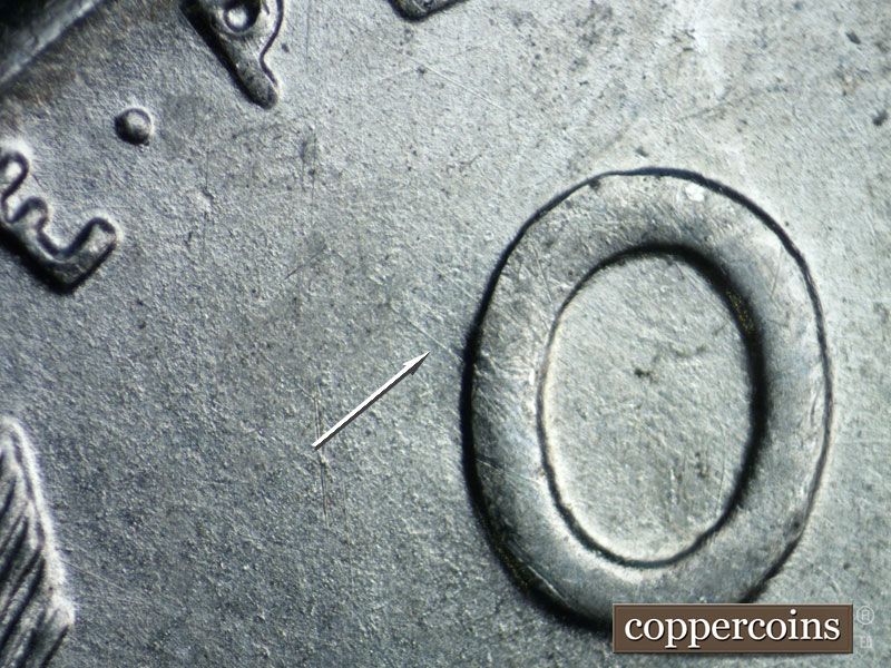 Die-stage B marker on 1943S•1DO•009 (1943 Doubled Die Obverse).