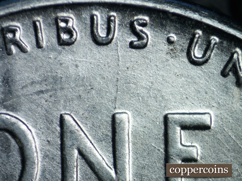 Die-stage B marker on 1943S•1DO•009 (1943 Doubled Die Obverse).