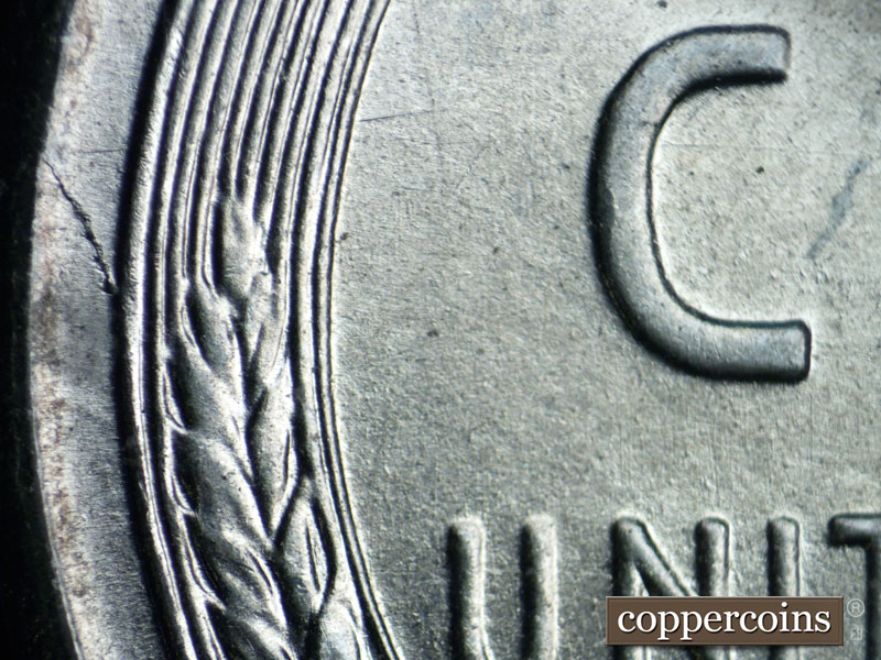 Die-stage B marker on 1943S•1DO•009 (1943 Doubled Die Obverse).