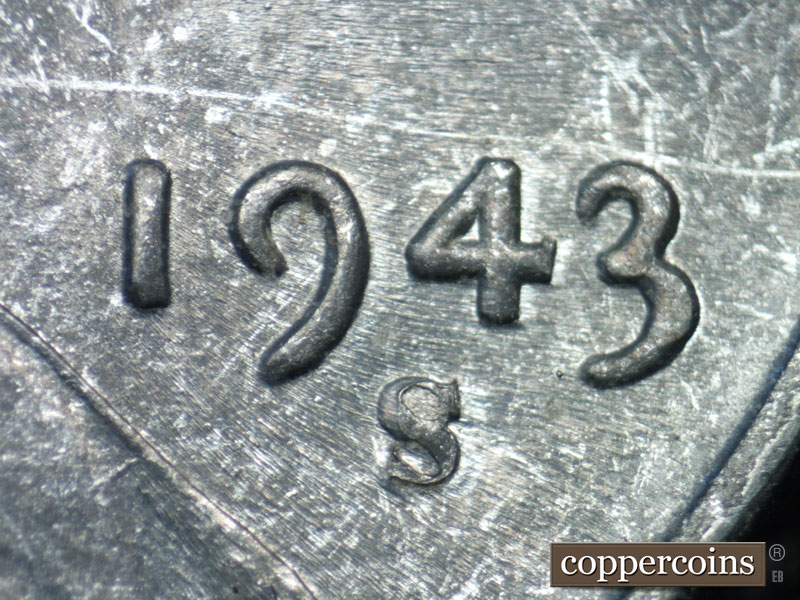 1943 Lincoln cent obverse, CopperCoins die 1943S•1DO•010.
