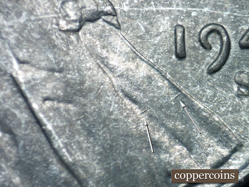 Die-stage B marker on 1943S•1DO•010 (1943 Doubled Die Obverse).