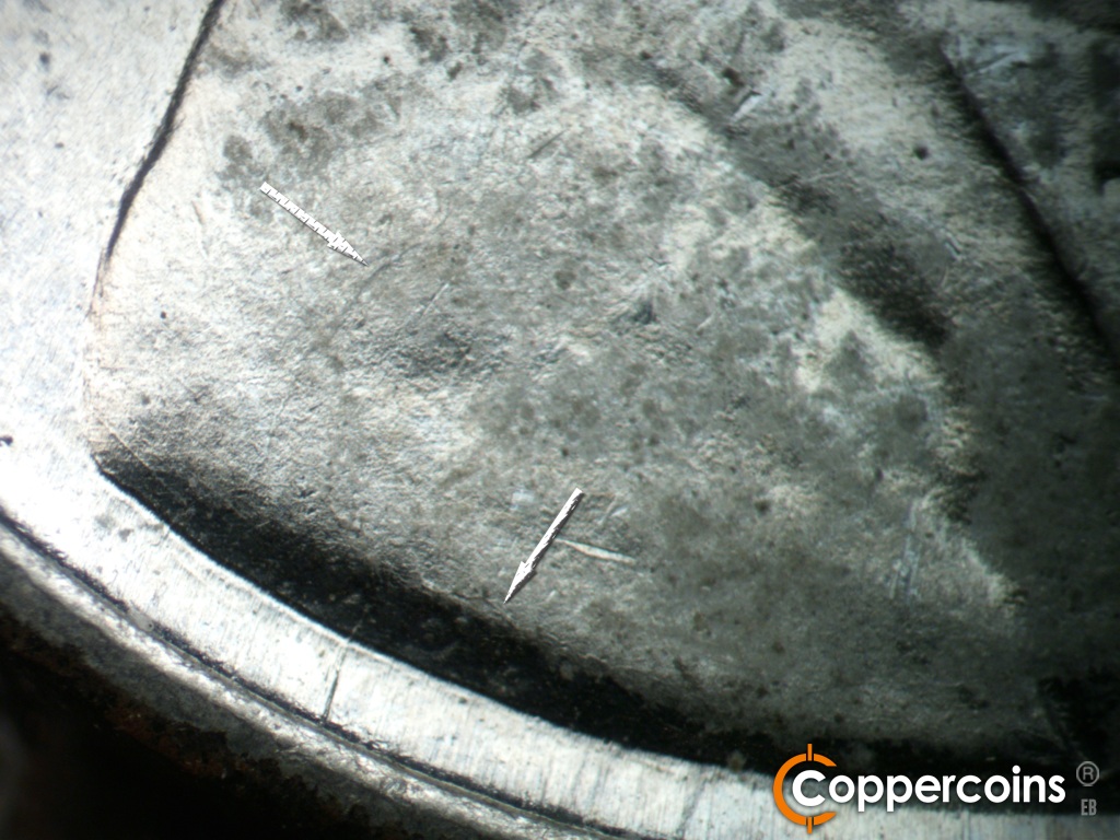 Die-stage C marker on 1943S•1DO•014 showing Light die crack over VDB. Light die crack on shoulder.