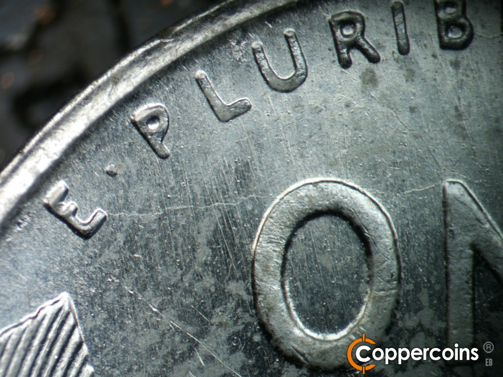 Die-stage C marker on 1943S•1DO•014 showing Die crack from E in E PLURIBUS to N in ONE.
