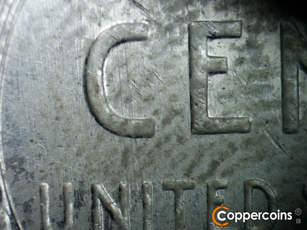 Die-stage C marker on 1943S•1DO•014 showing Die scratches through C in CENT.