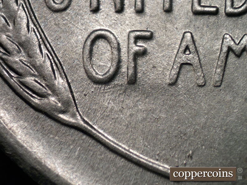 Die-stage B marker on 1943S•1DR•001 (1943 Doubled Die Reverse).