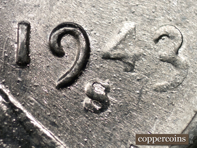 Die-stage B marker on 1943S•1DR•001 (1943 Doubled Die Reverse).