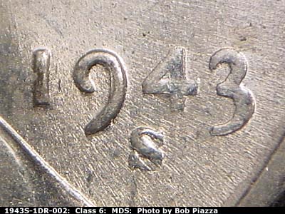 1943 Lincoln cent obverse, CopperCoins die 1943S•1DR•002.