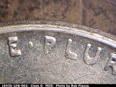 Die-stage B marker on 1943S•1DR•002 (1943 Doubled Die Reverse).