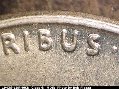 Die-stage B marker on 1943S•1DR•002 (1943 Doubled Die Reverse).