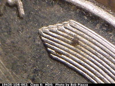 Die-stage B marker on 1943S•1DR•002 (1943 Doubled Die Reverse).