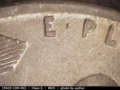 1943 Lincoln cent obverse, CopperCoins die 1943S•1DR•003.