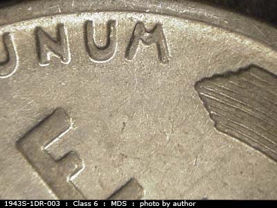 Die-stage B marker on 1943S•1DR•003 (1943 Doubled Die Reverse).