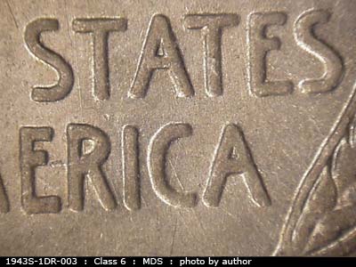 Die-stage B marker on 1943S•1DR•003 (1943 Doubled Die Reverse).