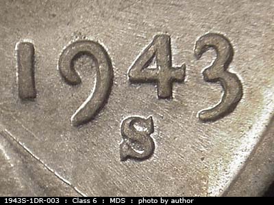 Die-stage B marker on 1943S•1DR•003 (1943 Doubled Die Reverse).