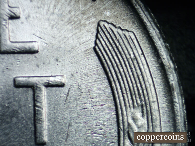 Die-stage B marker on 1943S•1DR•004 (1943 Doubled Die Reverse).