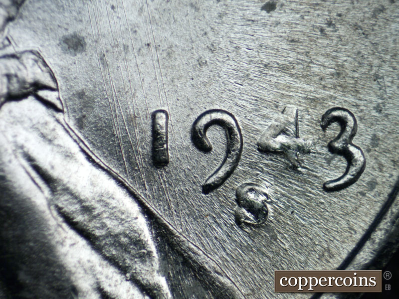Die-stage B marker on 1943S•1DR•004 (1943 Doubled Die Reverse).