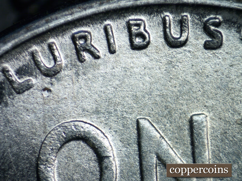 Die-stage B marker on 1943S•1DR•005 (1943 Doubled Die Reverse).