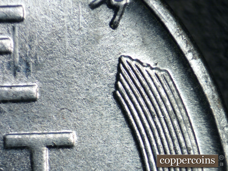 Die-stage B marker on 1943S•1DR•005 (1943 Doubled Die Reverse).