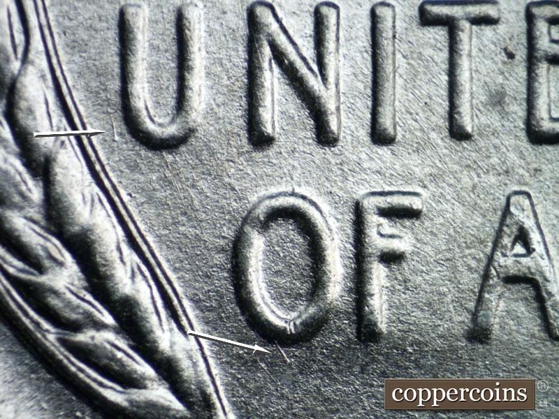 Die-stage B marker on 1943S•1DR•005 (1943 Doubled Die Reverse).